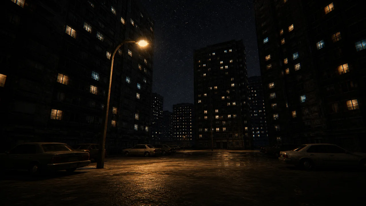 an empty courtyard between towers at night