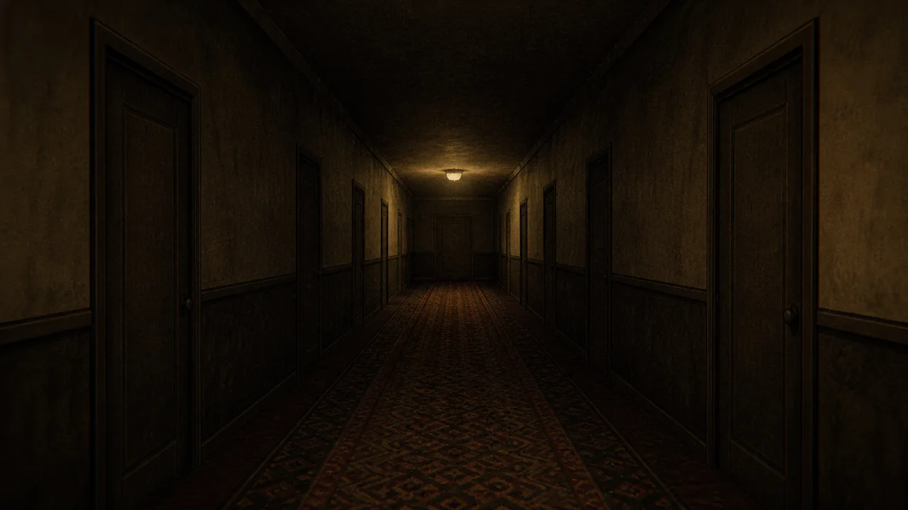 a dim corridor at night